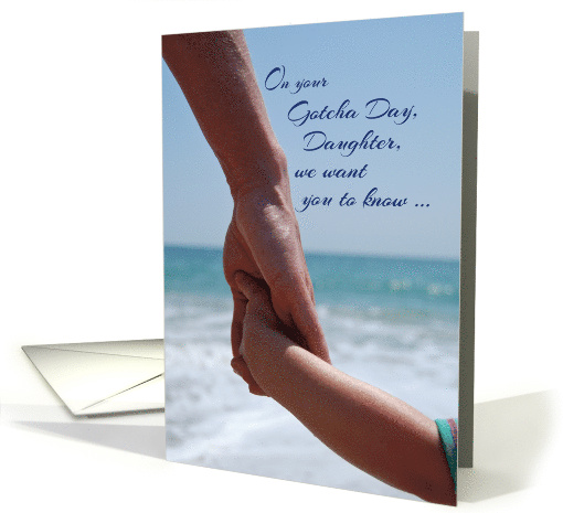 Daughter Gotcha Day Holding Hands on Beach Adoption Anniversary card