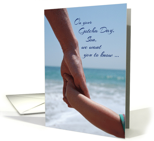 Son Gotcha Day Holding Hands on Beach Adoption Anniversary card