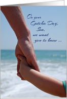 Son Gotcha Day Holding Hands on Beach Adoption Anniversary card