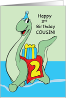 2nd Birthday to Cousin Dinosaur with Hat and Present Boy card