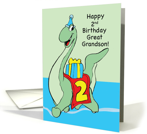 2nd Birthday to GREAT GRANDSON Dinosaur with Hat and Present Boy card