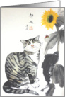 Inspirational, red bug and cat under sunflowers card