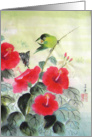 green bird on red foral branch card