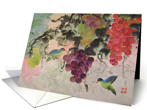 Red grapes and blue bird card (307485)