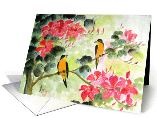 birds on red floral tree card (865141)