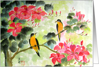 birds on red floral tree card