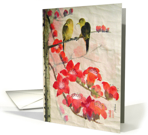 Inspirational, two bird on red flowers, disagreement card (882658)