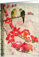 Inspirational, two bird on red flowers, disagreement card
