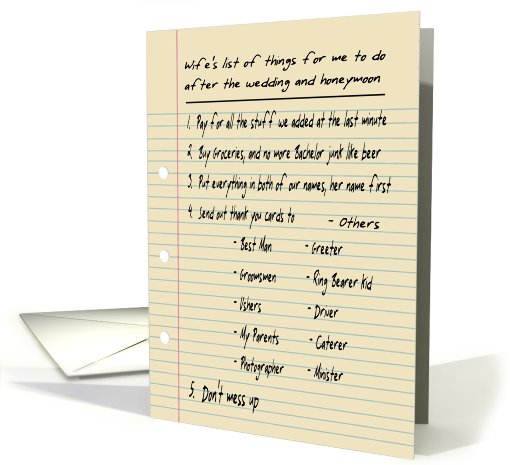 HIS LIST - for Wedding Thank you - FUNNY card (445548)