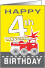 Birthday for Four Year Old Cartoon Smiling Fire Truck Brings Number 4 card