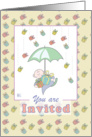 Invitation to Baby Shower, baby, umbrella with raining presents card