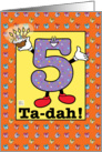 Happy Fifth Birthday with presents, confetti, cupcake - Spanish card