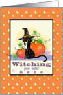 Happy Halloween Black Cat in witches hat - pumpkins card