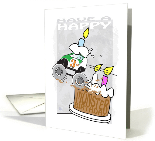3rd,Third,Happy Birthday, kids, Monster Car, Cake, Candles card