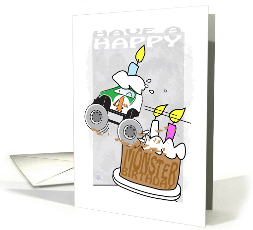 4th,Fourth,Happy Birthday, kids, Monster Car, Cake, Candles card