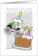 4th,Fourth,Happy Birthday, kids, Monster Car, Cake, Candles card