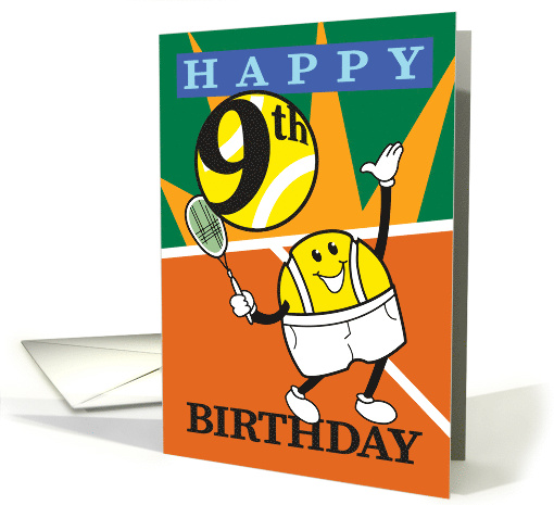 Happy 9th Birthday Tennis Smiling Player Cartoon card (1703428)