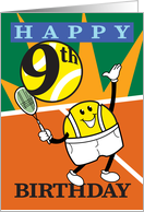 Happy 9th Birthday Tennis Smiling Player Cartoon card