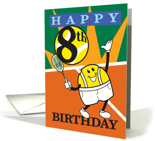 Happy 8th Birthday Tennis Smiling Player Cartoon card (1707266)