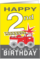 Birthday for Two Year Old Cartoon Smiling Fire Truck Brings Number 2 card