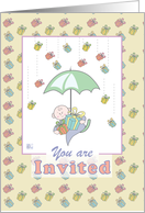 Invitation to Baby Shower, baby, umbrella with raining presents card