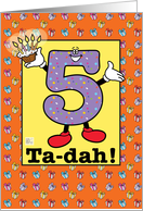 Happy Fifth Birthday with presents, confetti, cupcake - Spanish card