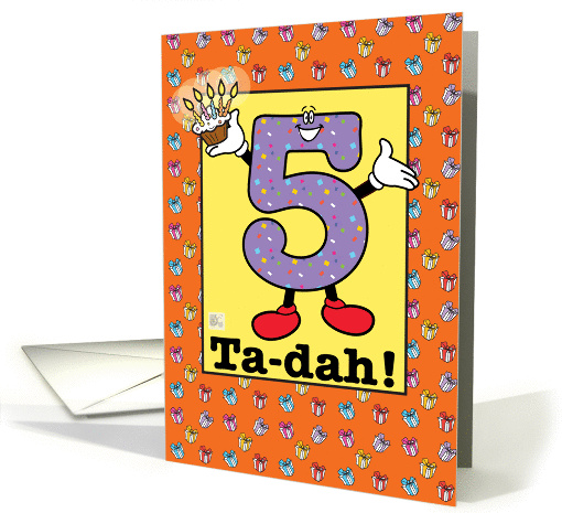 Happy Fifth Birthday with presents, confetti, cupcake - German card