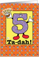 Happy Fifth Birthday with presents, confetti, cupcake - German card