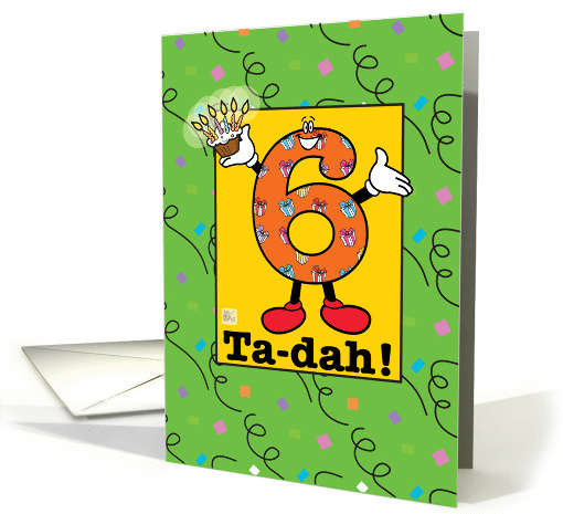 Happy Sixth Birthday with presents,cupcake and candles - German card