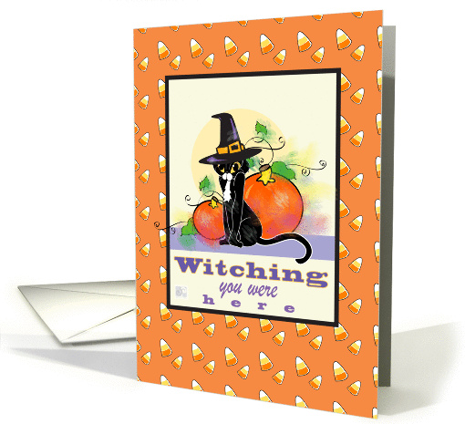 Happy Halloween Black Cat in witches hat - pumpkins card (942825)