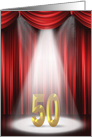 gold 50th Birthday in stage spotlight with red curtains card
