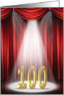 100th Birthday in stage spotlight and red curtain backdrop card