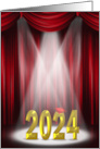Graduation 2024 in Stage Spotlight with Red Curtains and Gold Text card