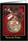 Christmas ornament with gingham bow and Bible from family card