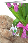 Thinking of You for Sister, Brown Teddy Bear with Pink Tulip Bouquet card