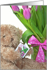 brown teddy bear with pink tulip bouquet for Granddaughter’s birthday card