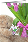 Get Well Soon Teddy Bear with Pink Tulip Bouquet card