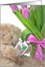 Get Well Soon for Appendectomy, Teddy Bear with Pink Tulips card
