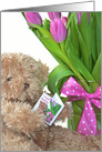Name Day teddy bear with pink tulip bouquet card