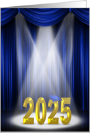 2025 High School Graduation Gold Text In Spotlight With Blue Curtains card