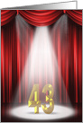 43rd Birthday Party invitation, spotlight on stage with red curtains card