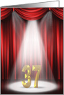 37th Birthday Party invitation, spotlight on stage with red curtains card