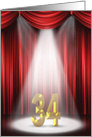 34th Birthday Party invitation, spotlight on stage with red curtains card