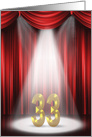33rd Birthday Party invitation, spotlight on stage with red curtains card