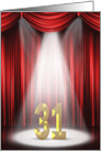 31st Birthday Party invitation, spotlight on stage with red curtains card
