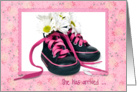 Baby Girl adoption announcement with daisy bouquet in sneakers card