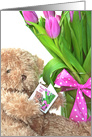 90th Birthday, brown teddy bear with tulip bouquet and polka dot bow card