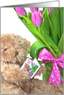 99th Birthday teddy bear with pink tulip bouquet and polka dot bow card