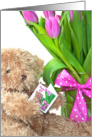 83rd Birthday- teddy bear with tulip bouquet and polka dot bow card