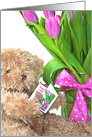 104th Birthday teddy bear with tulip bouquet and polka dot bow card